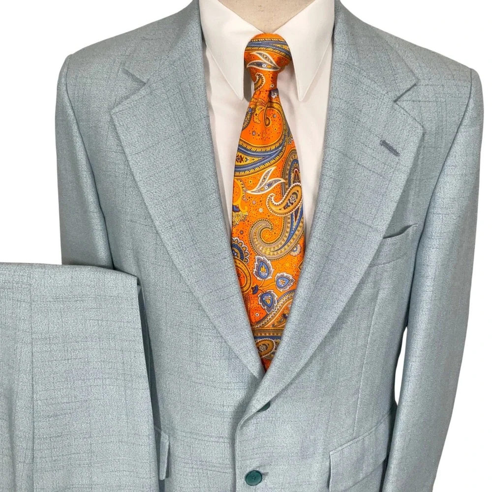 Johnny Carson Suit Mens 41R 35W 31L Light Blue Windowpane 70s Style Retro Kitsch
